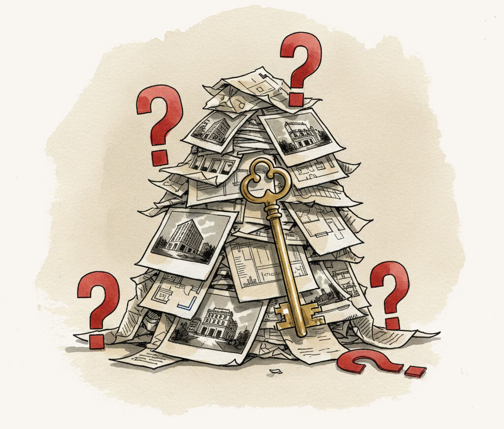 Übersicht von Hochzeitslocations mit Schlüssel und Fragenzeichen, symbolisiert die Suche nach der id.